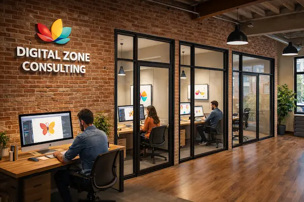 professional logo design services team at Digital Zone Consulting working in the office.
