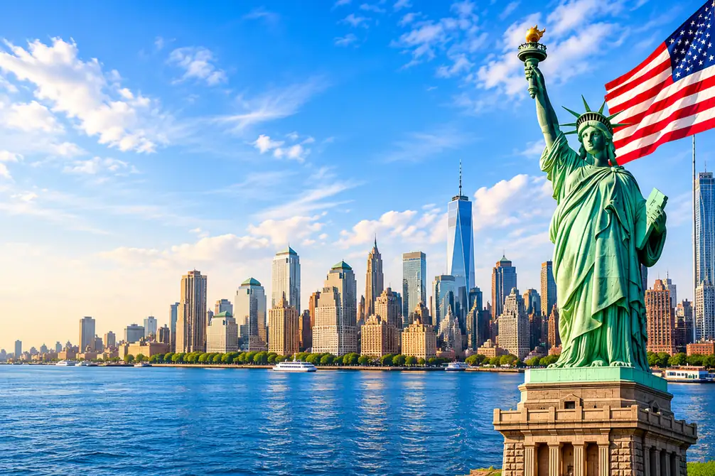 Statue of liberty, american flag and new york skyline representing digital zone consulting's remote digital services for usa businesses