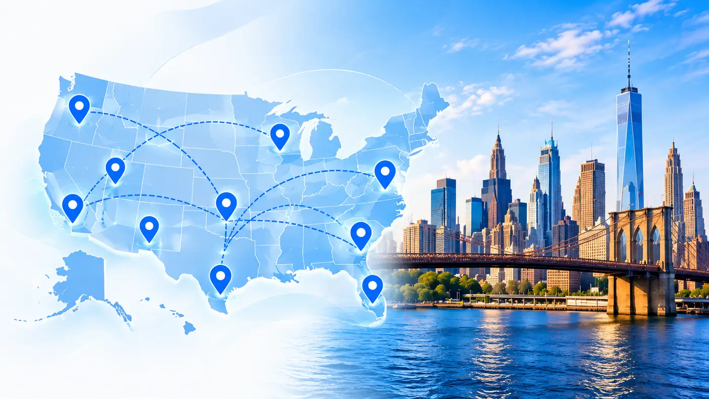 Illustrative map of the united states with location pins and digital connection lines beside the new york city skyline, representing digital zone consulting's nationwide remote service availability