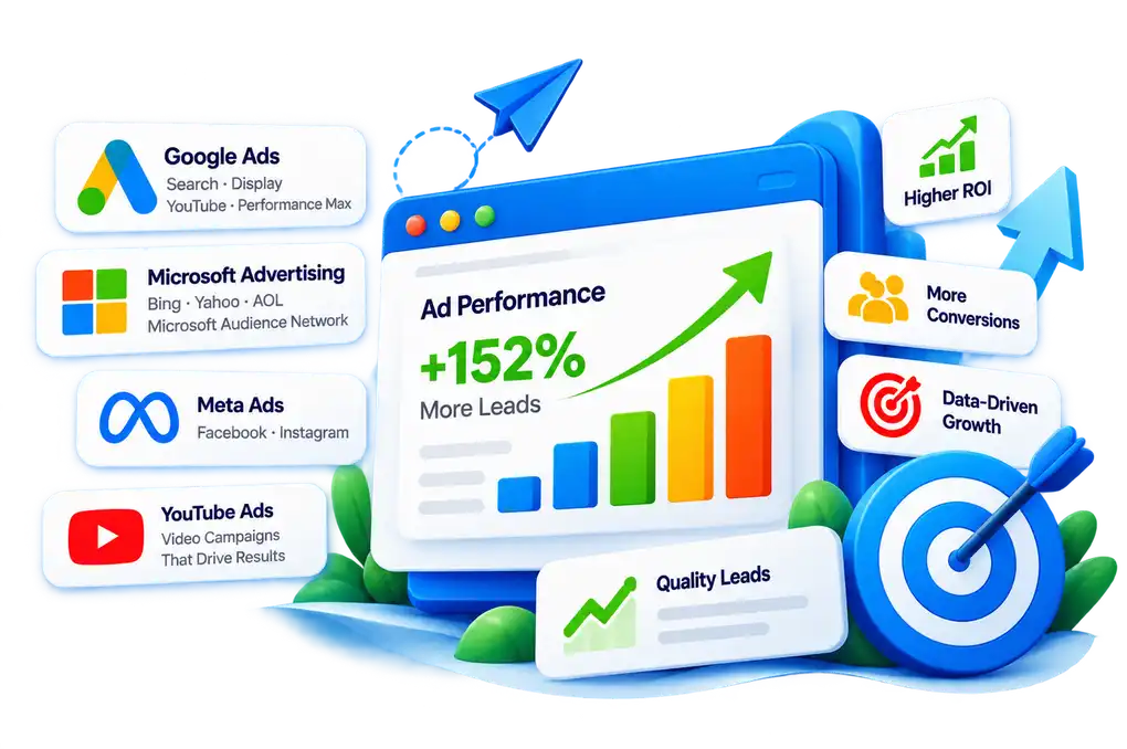 Paid advertising performance dashboard showing google ads, microsoft advertising, meta ads, conversions, roi and lead growth