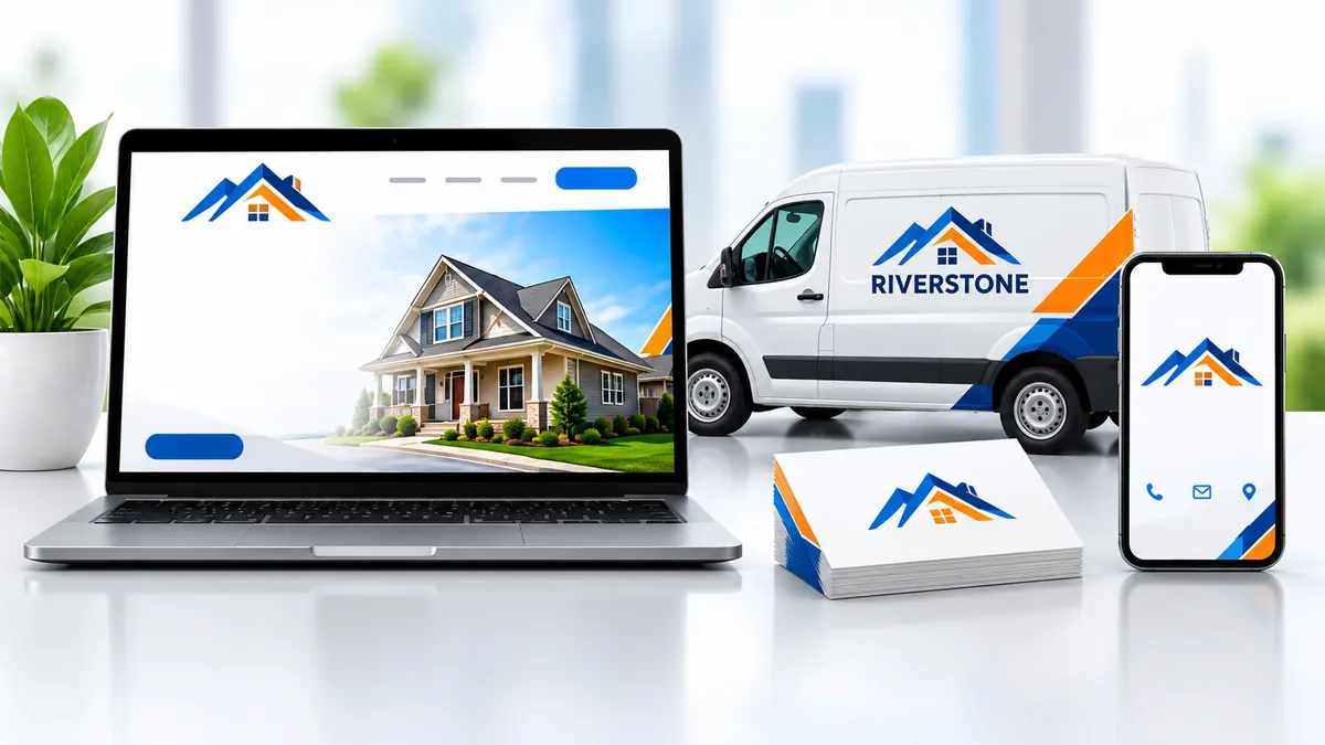 Illustrative riverstone home services logo branding mockup showing consistent brand identity across a website, service vehicle, business card, and mobile screen for a us home services business.