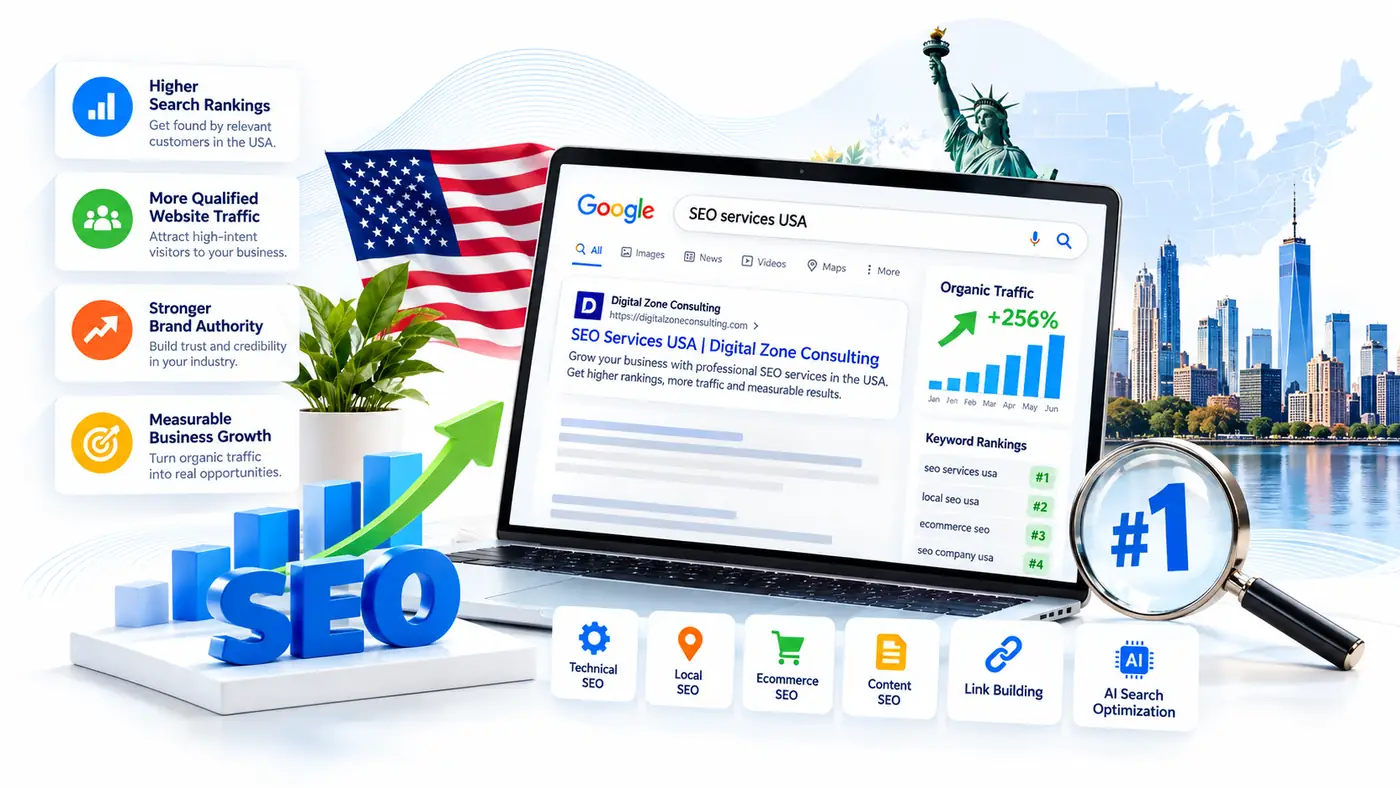 Usa seo handbook illustration featuring organic search analytics, technical seo, local seo and search visibility strategies for american businesses