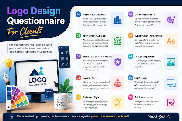 Logo design questionnaire for clients preparing for professional logo design services consultation in the USA